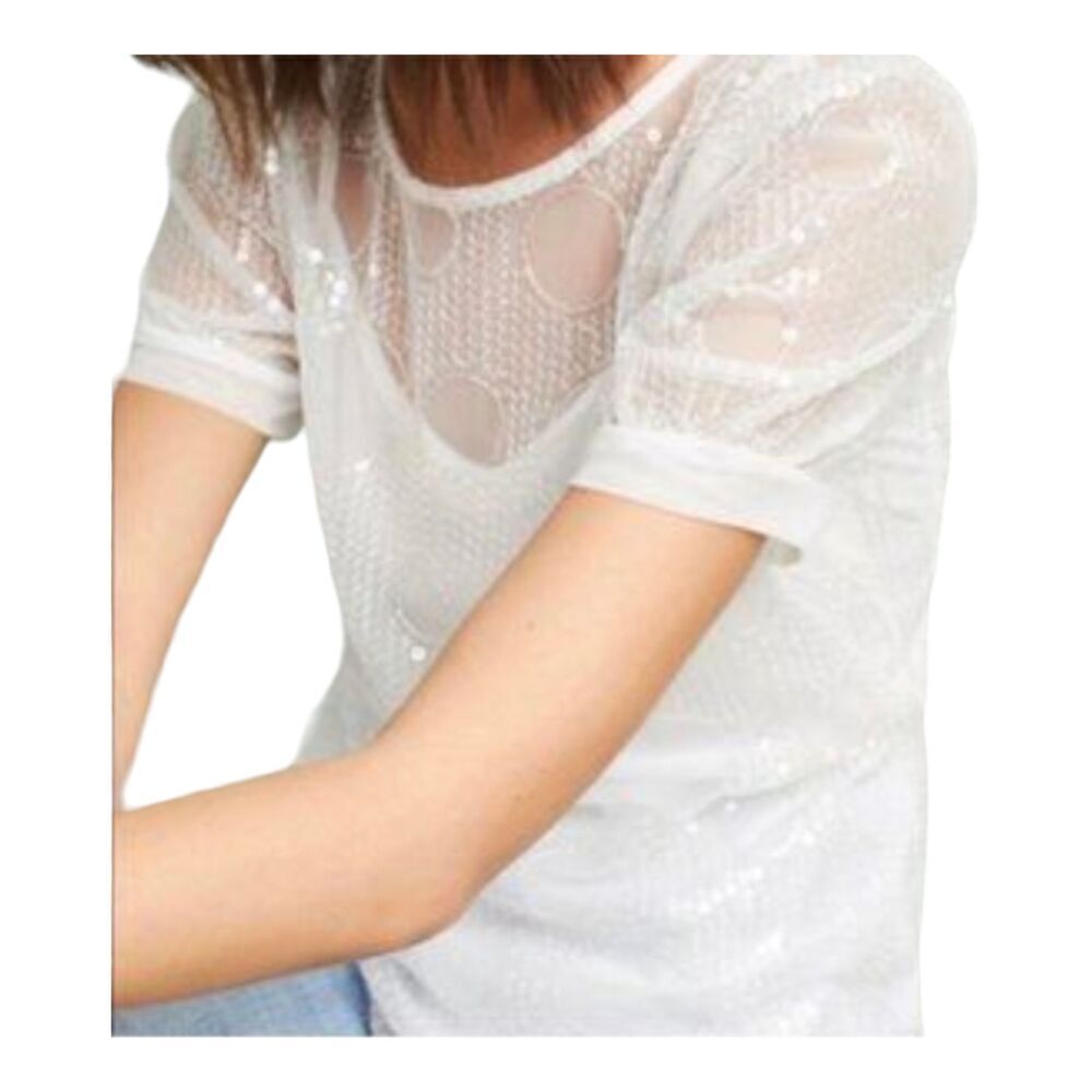 Anthropologie Eva Franco Quincy Sheer Mesh Sequin Circle Embroidered Top, XS